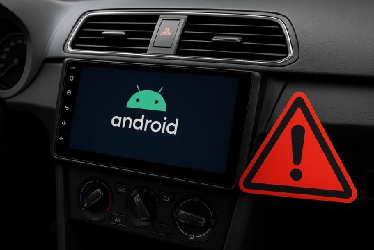 Android head unit with caution sign, highlighting risks and safe buying tips for car owners
