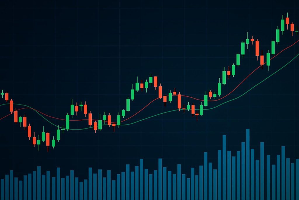 Stock graph showing price movement with trading volume bars, highlighting volume analysis