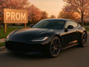 Luxury car decorated for prom night parked outside a formal venue with elegant lighting