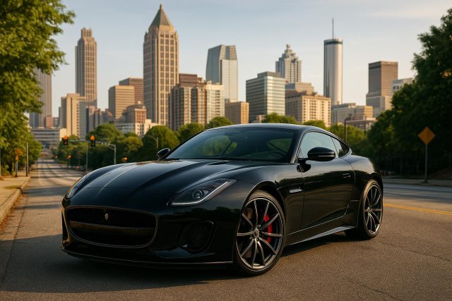 Sleek luxury car parked in downtown Atlanta near iconic city landmarks