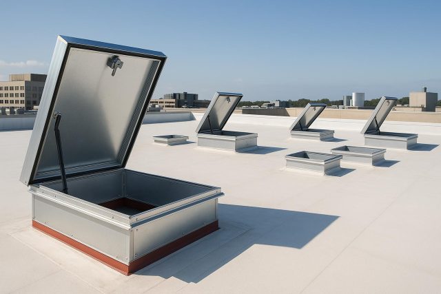 5 Best Retrofit Roof Hatches for Existing Commercial Buildings (2026) Retrofit roof hatches installed on a commercial building with rooftop access points