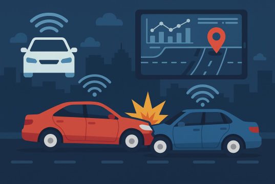 Connected car telematics dashboard displaying crash data to determine collision fault