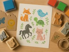 Colorful animal stamps decorating homemade craft cards and scrapbook pages for creative projects