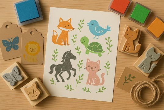Colorful animal stamps decorating homemade craft cards and scrapbook pages for creative projects