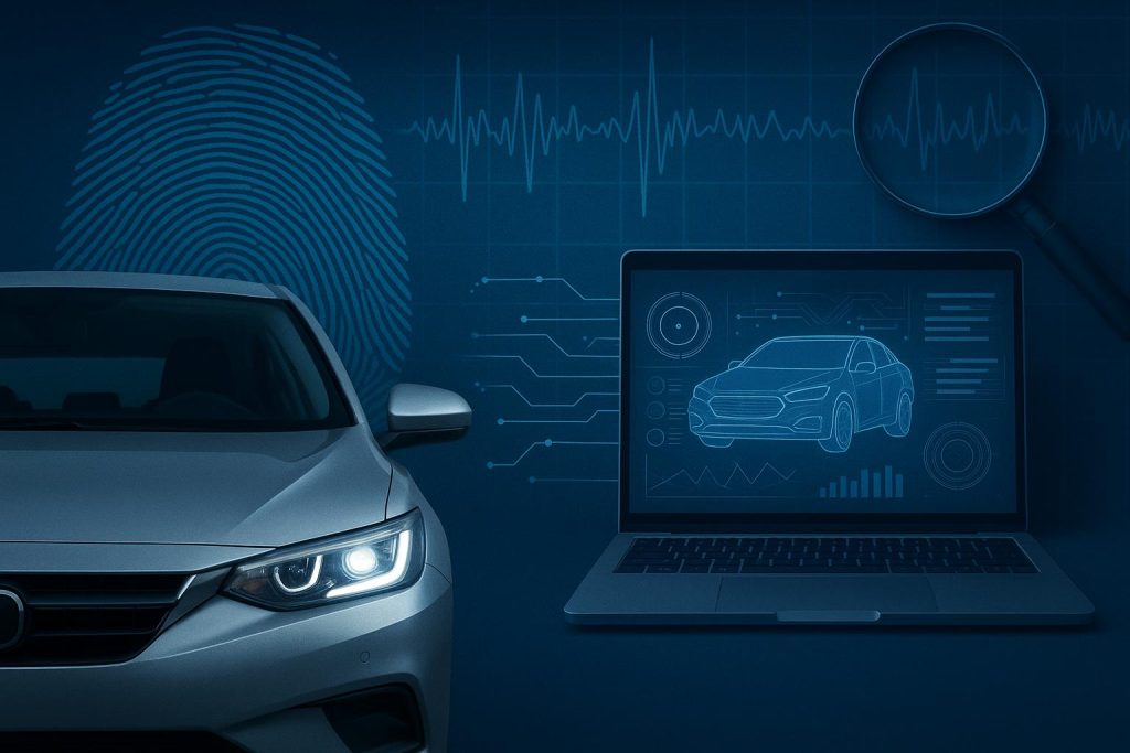 Modern car dashboard displaying EDR data and infotainment system logs for driver analysis