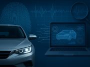 Modern car dashboard displaying EDR data and infotainment system logs for driver analysis
