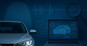 Modern car dashboard displaying EDR data and infotainment system logs for driver analysis