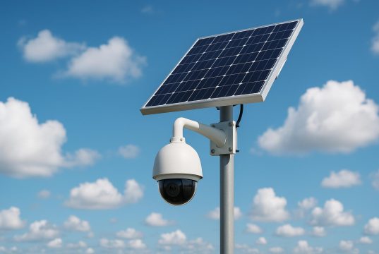 Solar-powered CCTV camera mounted outdoors for enhanced security monitoring and surveillance.