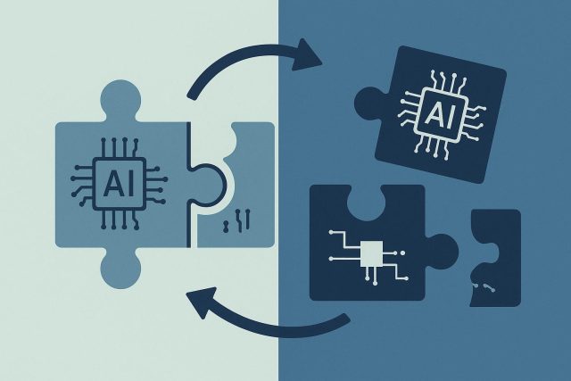 AI models are becoming interchangeable, but their skills may not be Abstract AI icons overlapping with different skill symbols, illustrating varying AI capabilities
