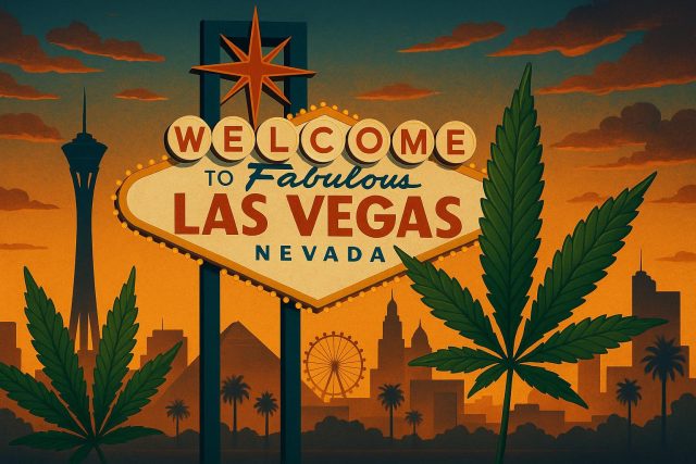 Las Vegas skyline with cannabis leaf highlighting the city's legalization and cannabis culture
