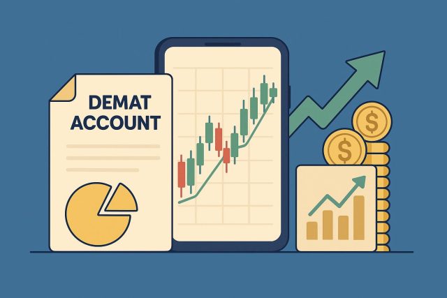demat account Stock market chart and smartphone displaying demat account dashboard for online trading
