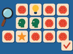 Memory game icons and digital brain graphics representing online brain training activities