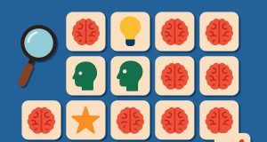Memory game icons and digital brain graphics representing online brain training activities