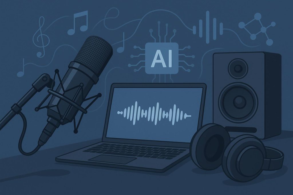 Microphone and headphones next to waveform graphics symbolizing AI-generated podcast music intros