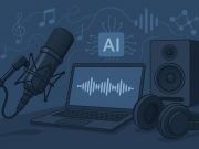 The Podcaster’s Audio Toolkit: How AI Music Is Replacing Stock Intro Libraries Microphone and headphones next to waveform graphics symbolizing AI-generated podcast music intros