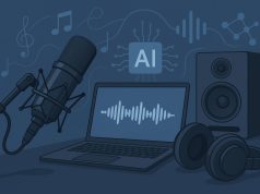 Microphone and headphones next to waveform graphics symbolizing AI-generated podcast music intros