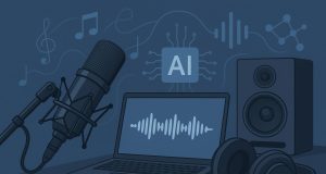 Microphone and headphones next to waveform graphics symbolizing AI-generated podcast music intros