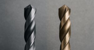 Carbide and cobalt drill bits side by side on a workshop table for comparison