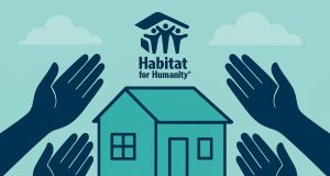 Volunteers building homes with Habitat for Humanity, supporting community development efforts
