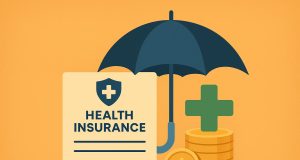 Stacked health insurance cards with upward arrow symbolizing increased insurance coverage benefits