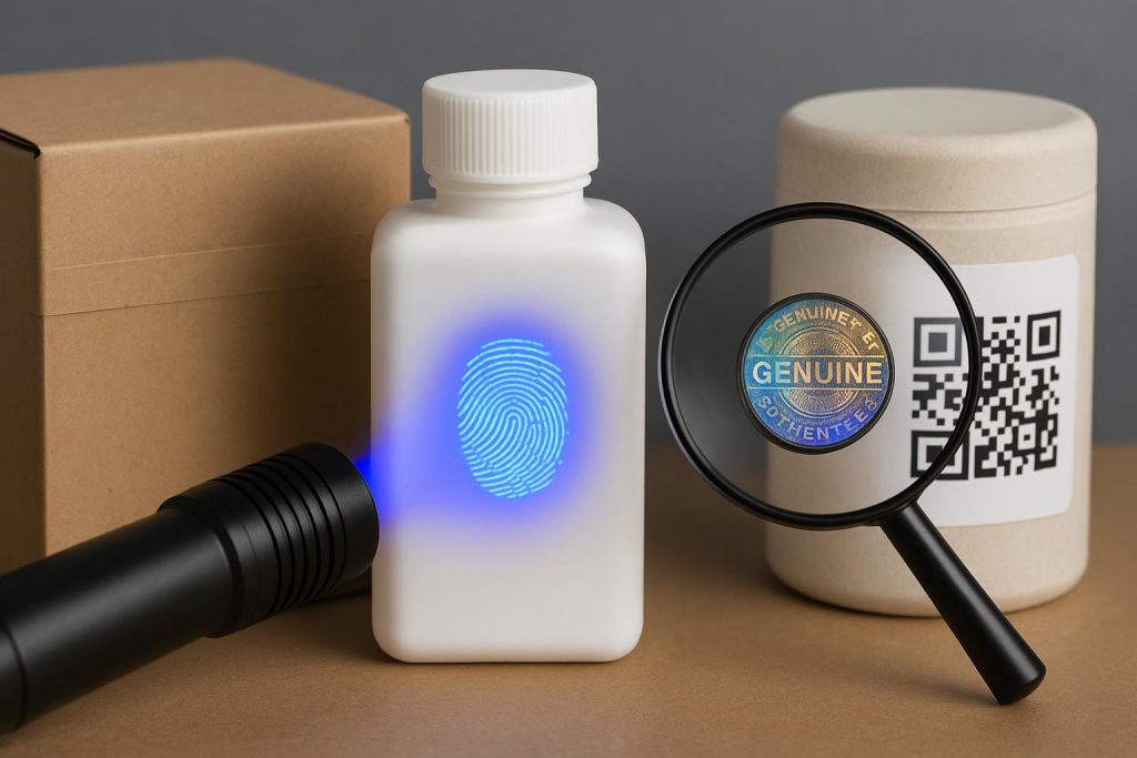 Close-up of advanced holographic labels and microtext on product packaging to prevent counterfeiting