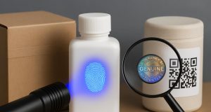 Close-up of advanced holographic labels and microtext on product packaging to prevent counterfeiting