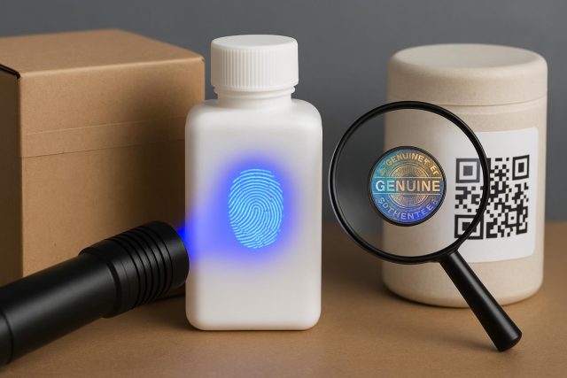 Close-up of advanced holographic labels and microtext on product packaging to prevent counterfeiting