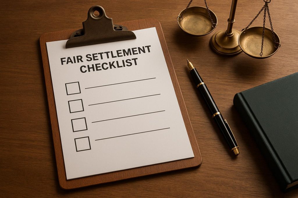 Personal injury settlement documents and checklist with pen on desk for fair compensation review