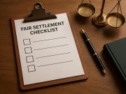 Personal injury settlement documents and checklist with pen on desk for fair compensation review