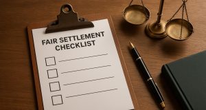 Personal injury settlement documents and checklist with pen on desk for fair compensation review