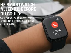 Smartwatch displaying emergency alert for crash detection and automatic 911 call notification