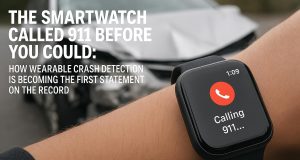Smartwatch displaying emergency alert for crash detection and automatic 911 call notification
