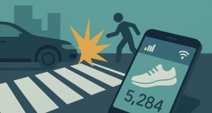 Smartphone displaying step count data on a crosswalk, highlighting evidence in crash cases