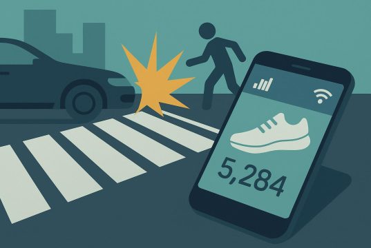 Smartphone displaying step count data on a crosswalk, highlighting evidence in crash cases