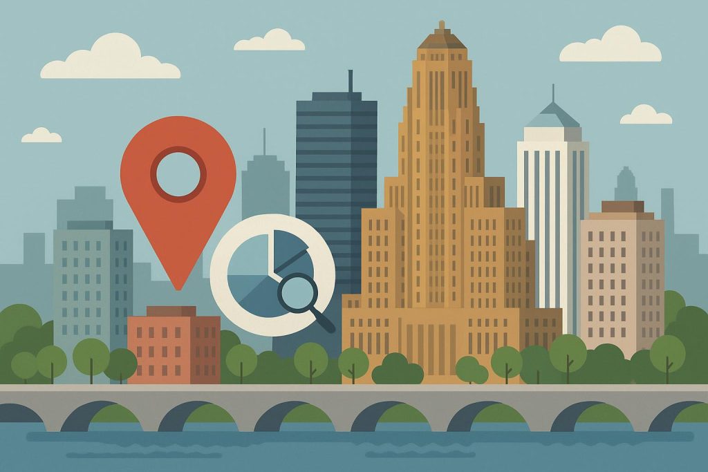 Buffalo NY skyline with digital marketing icons representing leading AEO and GEO agencies