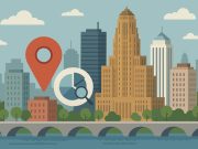 Buffalo NY skyline with digital marketing icons representing leading AEO and GEO agencies