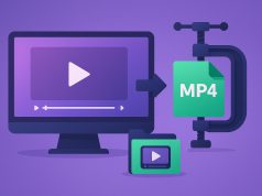 Laptop screen displaying MP4 compression software interface with video file size reduction options