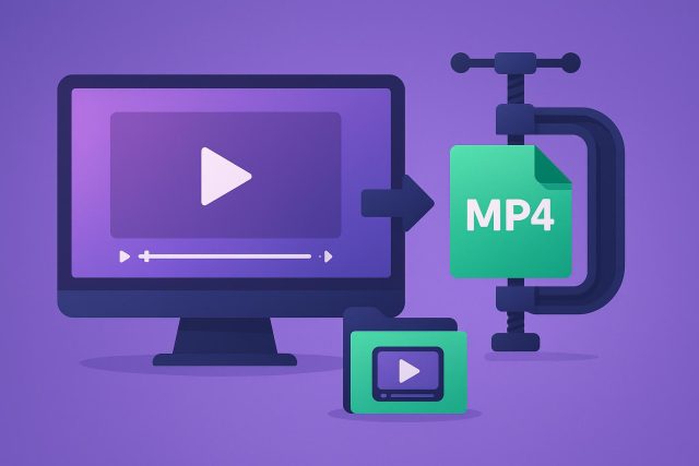 Laptop screen displaying MP4 compression software interface with video file size reduction options