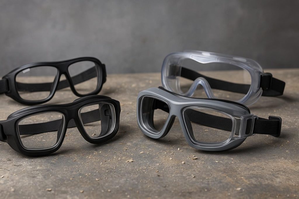 Prescription safety goggles protecting eyes from dust, debris, and chemical exposure on worksite