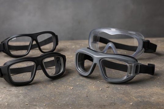 Prescription safety goggles protecting eyes from dust, debris, and chemical exposure on worksite