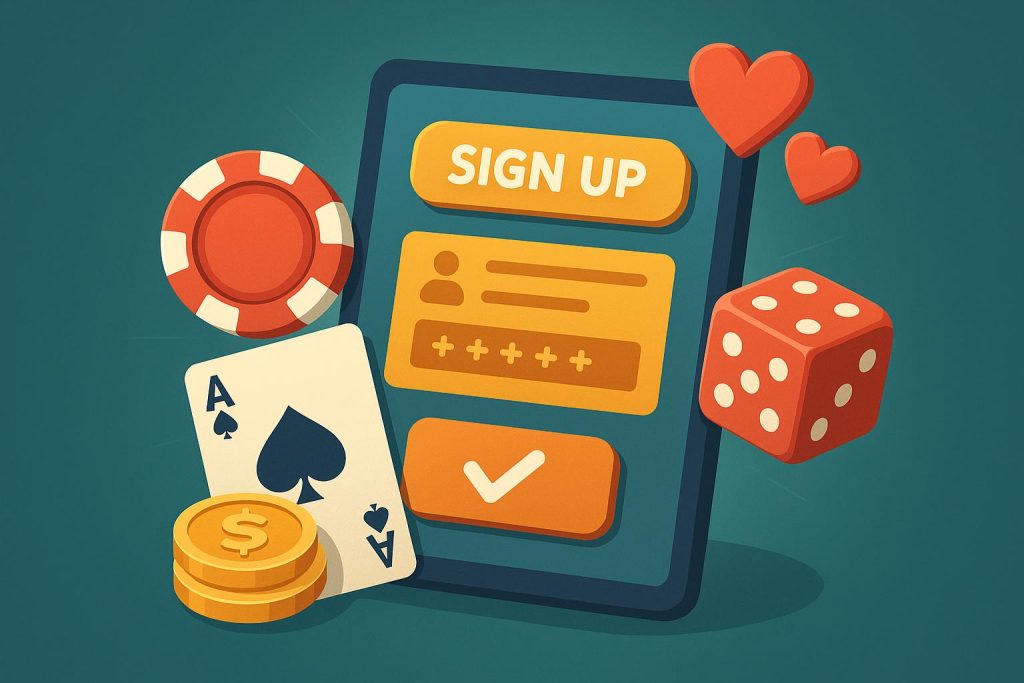 Colorful social casino signup bonus chips and gift boxes illustrating promotional offers