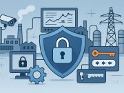 Industrial control panels with cybersecurity icons illustrating OT security in industrial systems