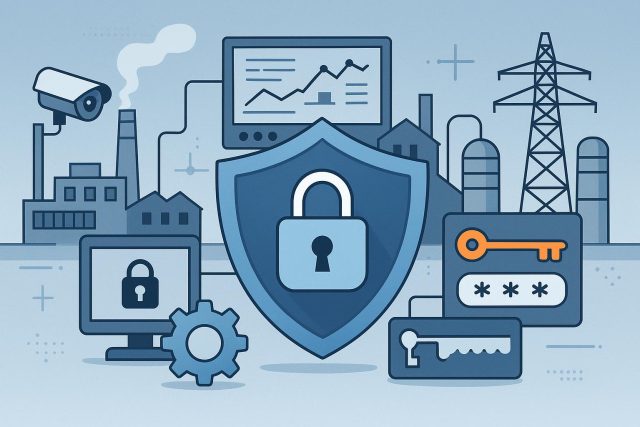 Industrial control panels with cybersecurity icons illustrating OT security in industrial systems