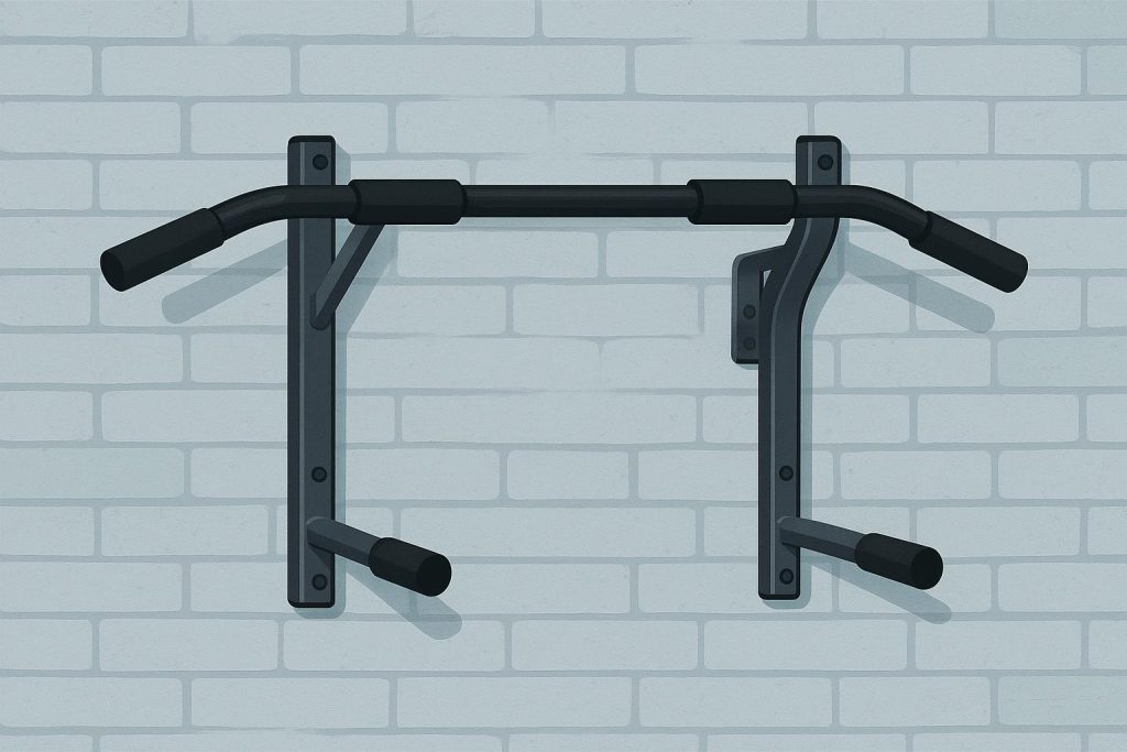 Pull-up bar mounted at home with hands gripping the bar, demonstrating safe exercise technique