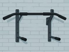 Pull-up bar mounted at home with hands gripping the bar, demonstrating safe exercise technique