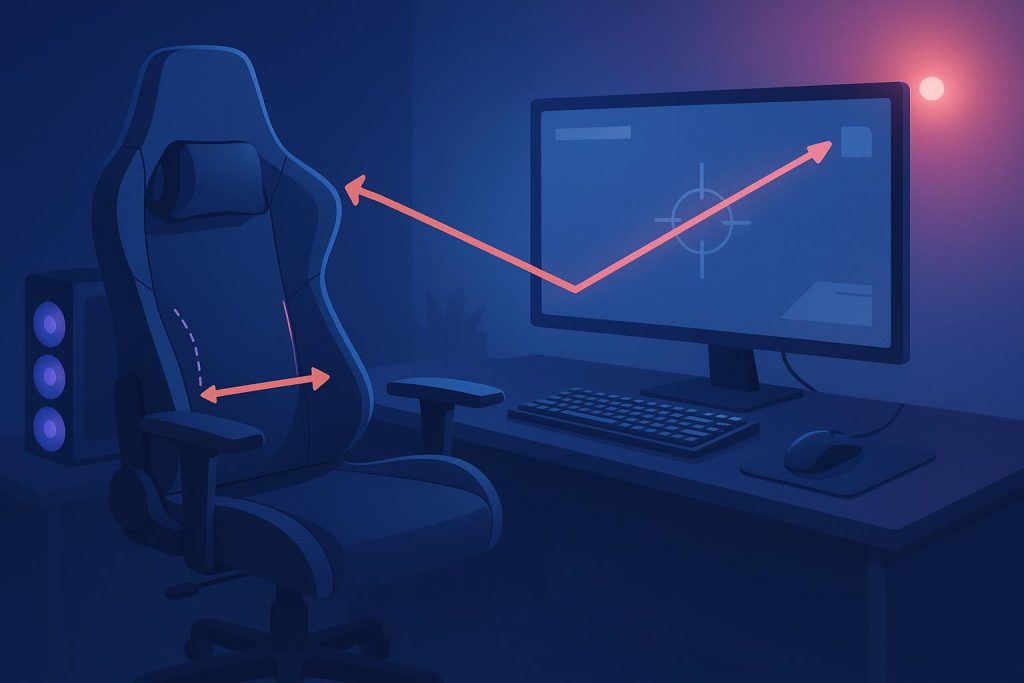 Gamer using ergonomic chair and monitor with adjustable lighting to reduce body and eye strain