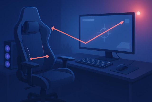How to Prevent Body and Eye Strain during Extended Gaming Sessions Gamer using ergonomic chair and monitor with adjustable lighting to reduce body and eye strain