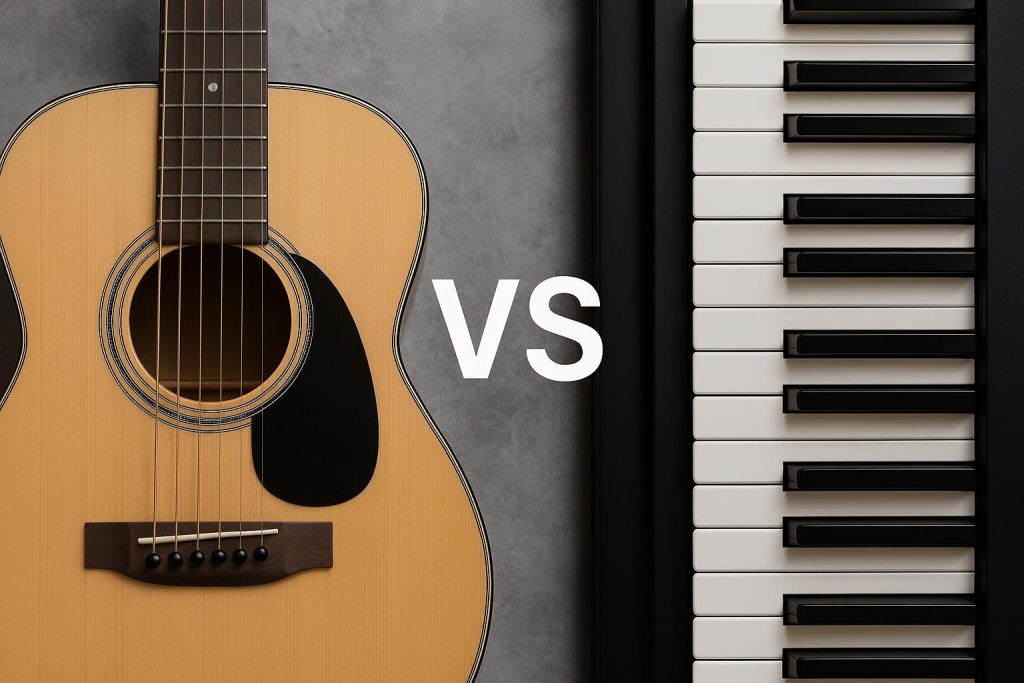 Acoustic guitar and keyboard side by side symbolizing online music learning comparison