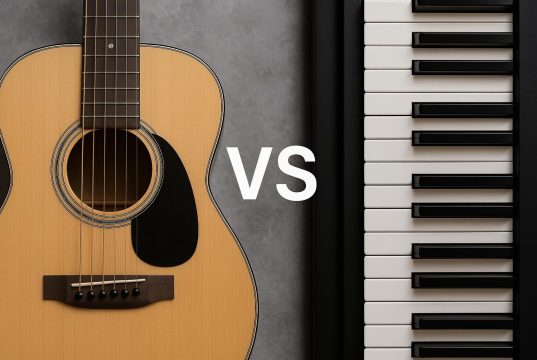 Acoustic guitar and keyboard side by side symbolizing online music learning comparison