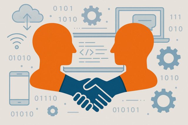 Why Human Connection Still Matters in Technology-Driven Workplaces Team collaborating around digital devices symbolizing connection in modern tech workplaces